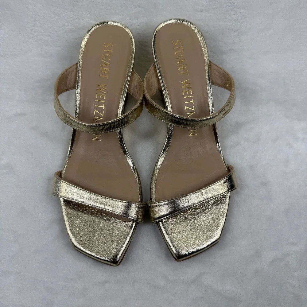 Stuart Weitzman Aleena 50 Gold Metallic Leather Square Toe‎ Wedge Sandals Size 5